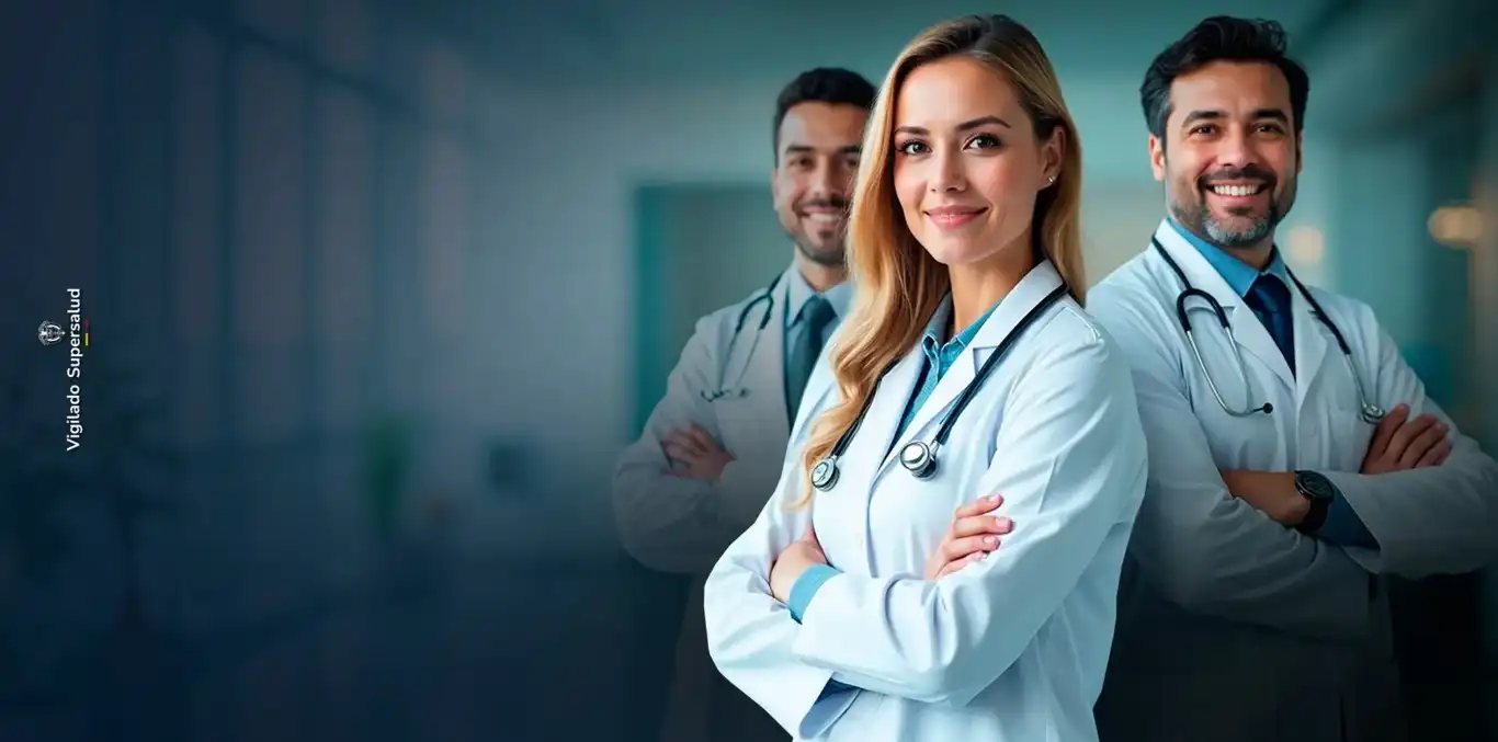 Grupo de doctores con bata blanca y sonriendo con los brazos cruzados